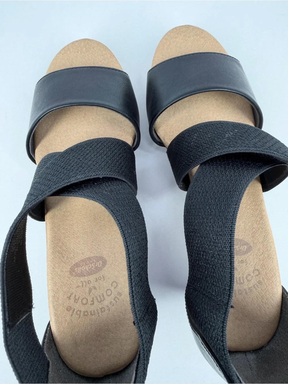 Dr. Scholls Barton-Band Wedge Sandals Black Faux Leather/Fabric Size 6M